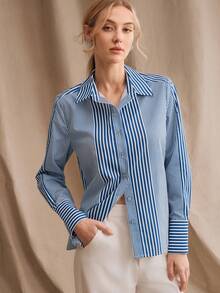 Anewsta Women's Elegant Shirt, Minimalist Commuter Long Sleeve Striped Collared Blouse Blue And White Shirt Stripe Shirt Blue Striped Shirt - Blue - View 4