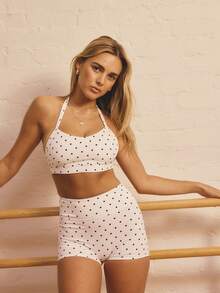 Aralina Bộ đồ thể thao năng động 2 mảnh dành cho nữ, áo croptop cổ yếm và quần short in họa tiết chấm bi, thích hợp cho tập gym và tập luyện. - Đen và trắng - Xem 7