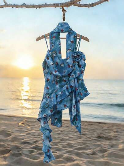 GlowEve Women's Floral Pattern Casual Top, Elegant Holiday, Summer Flower Decor Beach Daily Wear Asymmetric Hem Camisole Top