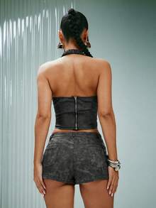 Denimoi 仿皮绑带镂空露背性感上衣，适合夜店、演唱会等场合穿着，适合女孩外出游玩 - 黑色 - 查看 2