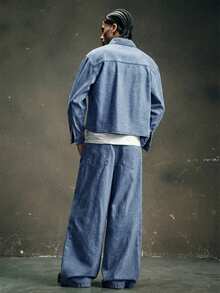 AXEPEAK 男士休闲水洗翻盖口袋牛仔夹克和牛仔裤套装，秋季 - 藍色 - 查看 2