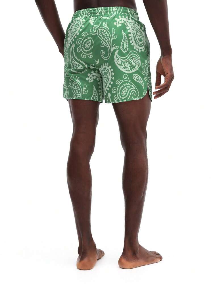 Herren grüne Paisley-Muster Badeshorts mit elastischem Kordelzug, Seitentaschen, Sommerbadehose mit geschwungener Kante, Boardshorts für tropischen Urlaub