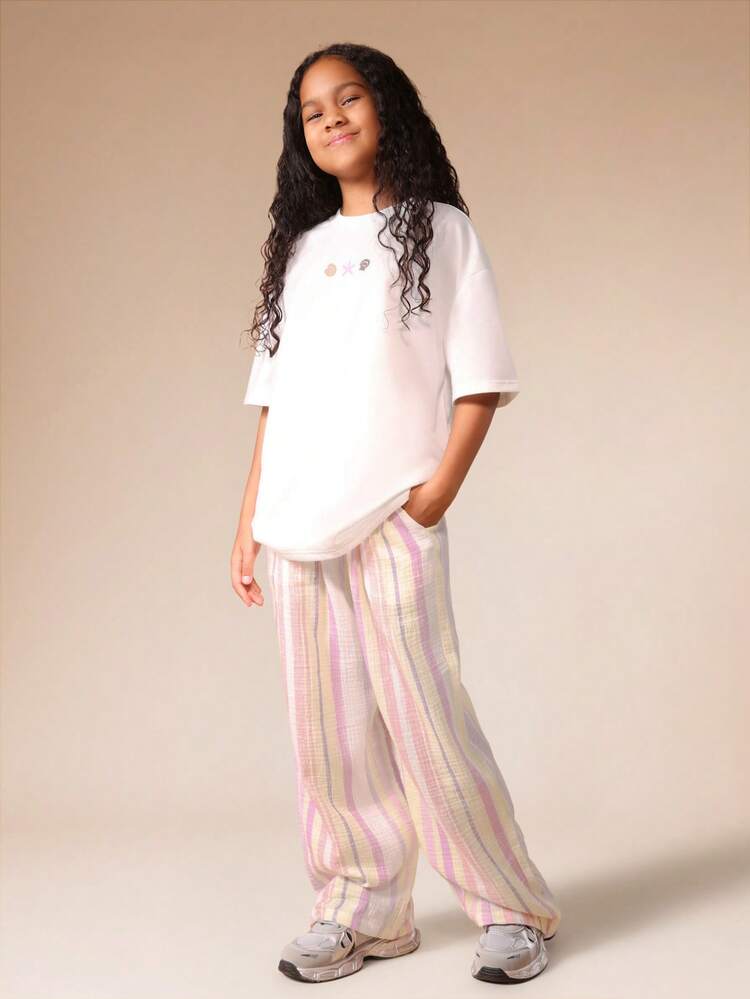 Tween Girls Oversized T-Shirt And Wide Leg Striped Pants Co-Ord Set With Seashell Print Good Energy Club Design