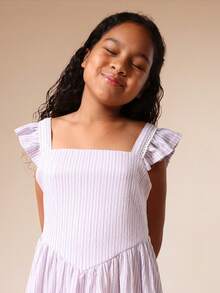 SUMWON Tween Girls Lavender Striped Ruffle Sleeve A-Line Midi Dress With Smocked Bodice And Lace Trim Hem Detail Summer Spring Casual - Mauve Purple - View 5