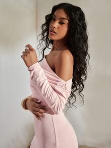 Opulessa Women's Solid Color Knit Asymmetric Collar Long Sleeve Asymmetrical Hem Dress, Suitable For Spring/Summer Vacation - Pink - View 3