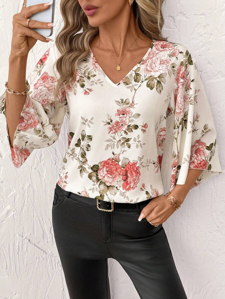 SHEIN Clasi 女士优雅通勤印花喇叭袖衬衫 - 杏色 - 查看 1