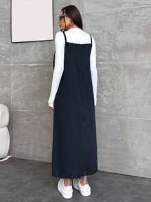 EURMUSE WOMEN LONG DENIM DRESS POCKET DETAILED - Navy Blue - View 2