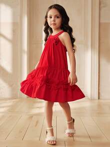 SHEIN 女童红色无袖连衣裙，饰有3D立体花朵和荷叶边下摆，优雅甜美可爱，尽显淑女气质，适合派对、公主裙等场合，夏季穿着。 - 紅色 - 查看 4