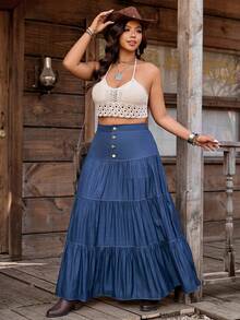 Nubod Plus Size Casual Vacation Multi-Layer Skirt Fall - Navy Blue - View 7