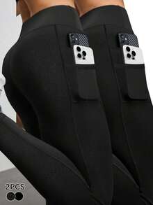 Velisys 2pcs Women's Solid Black & Leopard Print Compression Leggings, Ankle Length, Side Pockets, Suitable For Daily Casual Wear, Running, Yoga, Gym, Tennis, Golf - Black - View 1