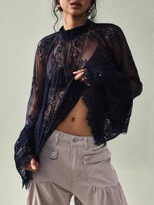 SoleilVie Women's Mandarin Collar Raglan Sleeve Elegant Blouse - Royal Blue - View 6