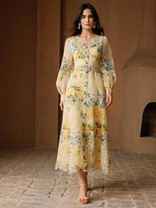 Anewsta 春夏假日浪漫花卉印花镂空刺绣领口和下摆灯笼袖系带优雅派对连衣裙 - 黃色 - 查看 6