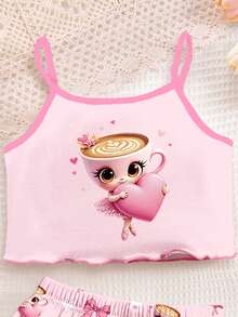 奶油粉色可爱卡通爱心芭蕾舞公主马克杯，蝴蝶结，花卉印花图案；少女休闲简约修身卡通印花吊带背心短裤睡衣套装，适合夏季；吊带套装，吊带短裤套装，轻松舒适，休闲随性，少女风 - 彩色 - 查看 3