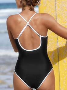 Swim SPRTY Maiô feminino de uma peça, cor sólida, com alças finas e costas cruzadas, ideal para praia, surfe e esportes. - Preto - Ver 2