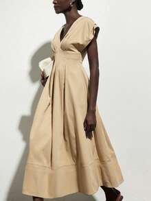 Aveloria Modichic Oversized Padded Shoulder Cap Sleeve Cinched Waist Pleated Dress, Beige Tone Long Dress For Women - Khaki - View 5