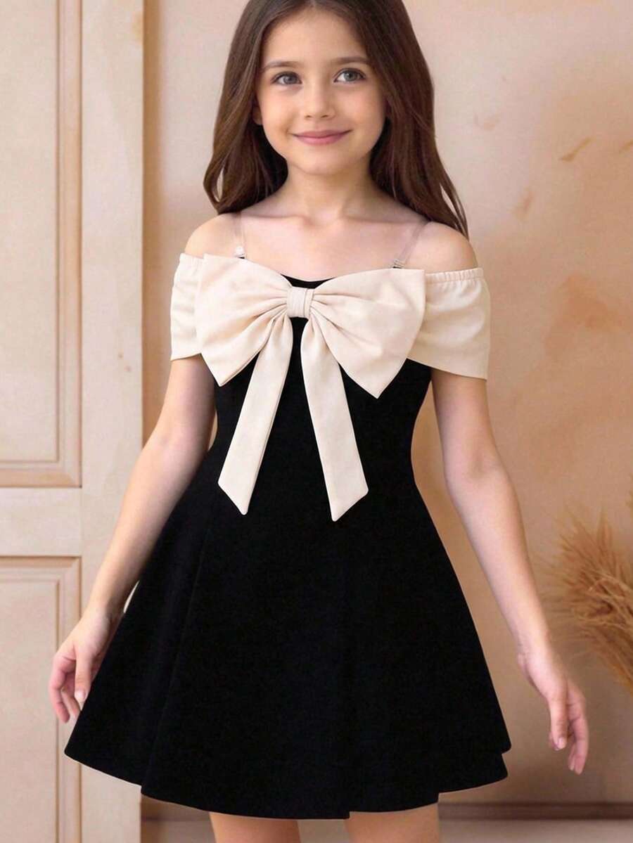 SHEIN 年轻女孩时尚优雅撞色可拆卸蝴蝶结装饰露肩无袖连衣裙 - 黑與白 - 查看 1