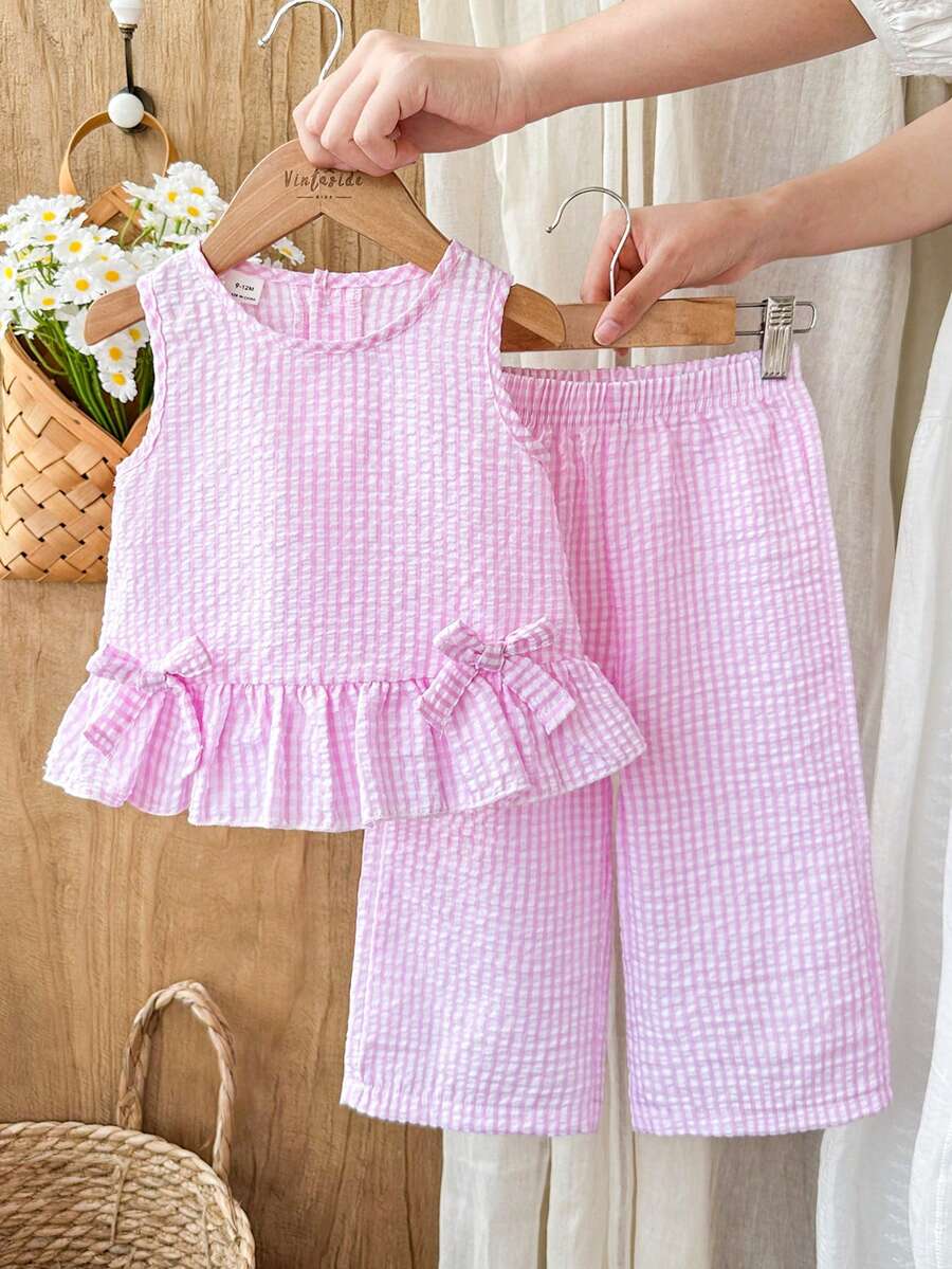 Vintaside Kids Bộ 2 món cho bé gái, áo không tay và quần dễ thương có nơ, kiểu dáng thường ngày. - Hồng - Xem 1