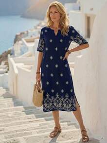 EMERY ROSE Casual Retro Printed Pattern Mid-Length Dress For Women, Suitable For All Seasons Holiday Outfits For Women Elegant Dresses For Women Floral Dress Spring Dress Women Summer Holiday Outfits Beach Outfits For Women,Casual - Multicolor - View 2