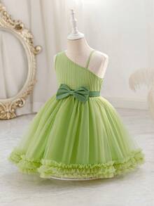 Glamorique Kids Young Girl Spring/Summer New Wave Splice Mesh Waist Belt Bow Design Elegant Party Off-Shoulder Dress Cocktail Dress For Kids Green Party Dress One Shoulder Dress Kids Party Dresses For Girls Girls Ruffle Dress Girls Party Dress Green Tutu Dress Birthday Dresses For Girls Toddler Girl Dress Kids Formal Dress Ball Gown For Kids Green Dress For Girls Toddler Formal Dress Girl Party Dress Girls Dress - Green - View 8