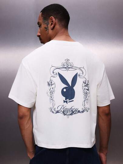 PLAYBOY X SUMWON 男士兔子图案印花短袖圆领纯棉T恤，休闲街头风夏季时尚，常规版型