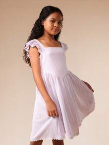 SUMWON Tween Girls Lavender Striped Ruffle Sleeve A-Line Midi Dress With Smocked Bodice And Lace Trim Hem Detail Summer Spring Casual - Mauve Purple - View 4