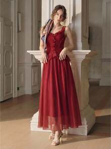 Anewsta Women's Elegant Vacation Dress, Sleeveless Pleated Frill Trim Waist Fit And Flare Red Dress French Style Dress Red Ruffle Dress - Red - View 2