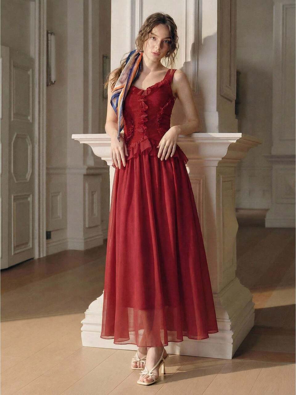 Anewsta Women's Elegant Vacation Dress, Sleeveless Pleated Frill Trim Waist Fit And Flare Red Dress French Style Dress Red Ruffle Dress
