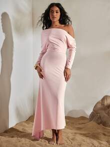 Opulessa Women's Solid Color Knit Asymmetric Collar Long Sleeve Asymmetrical Hem Dress, Suitable For Spring/Summer Vacation - Pink - View 2