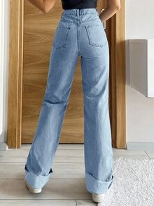 Cottnline 100%Cotton High Waisted Denim Jeans With Frayed Hem - Baby Blue - View 2