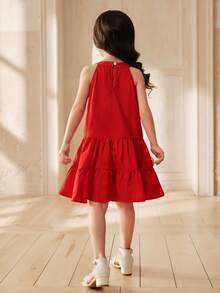 SHEIN 女童红色无袖连衣裙，饰有3D立体花朵和荷叶边下摆，优雅甜美可爱，尽显淑女气质，适合派对、公主裙等场合，夏季穿着。 - 紅色 - 查看 2