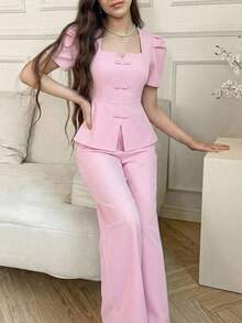 SHEIN 青少年女孩夏季純色泡泡袖短版上衣與長褲套裝 - 彩色 - 查看 11