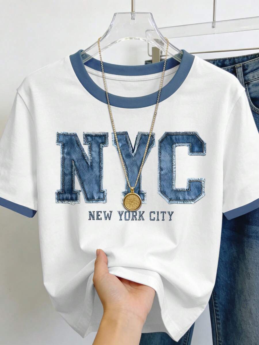 Resyla 女士100% Y2K街头风T恤 - 印有“NYC”字样,休闲风格,白色底蓝色滚边,夏季时尚日常穿着的完美之选 | Y2K | 时尚文字设计,女士T恤 - 粉色 - 查看 1