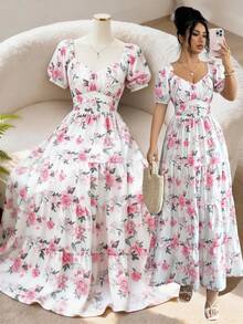 SHEIN Elenzya 女士玫瑰图案露肩/常规肩两穿设计收腰A字优雅日常/度假通勤时尚约会法式街头复古假日百搭早春/春夏白色底粉色花卉印花新款长裙 - 彩色 - 查看 1