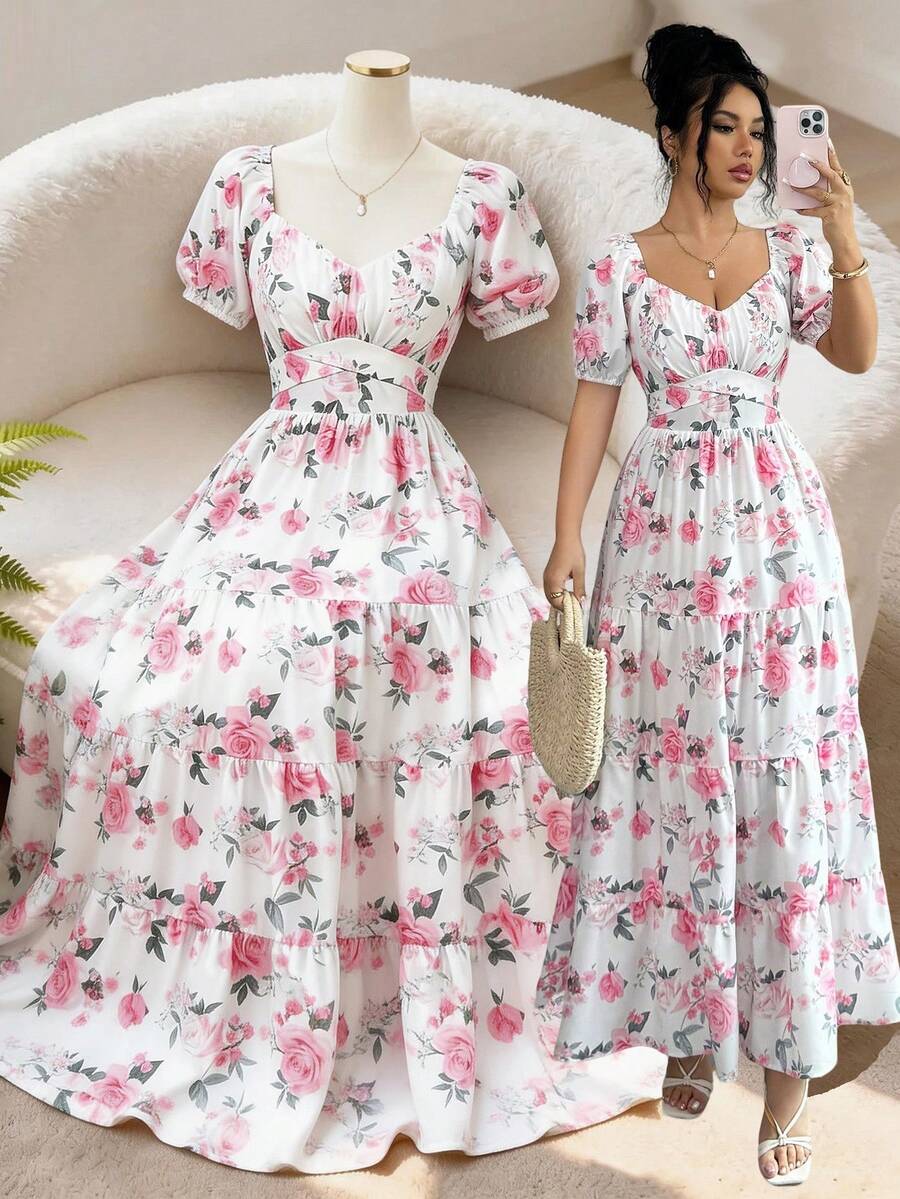 SHEIN Elenzya 女士玫瑰图案露肩/常规肩两穿设计收腰A字优雅日常/度假通勤时尚约会法式街头复古假日百搭早春/春夏白色底粉色花卉印花新款长裙 - 彩色 - 查看 1