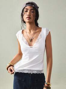 SoleilVie 女士休闲简约法式纯色蕾丝拼接T恤 夏季 夏季T恤 夏季服装 女士休闲T恤 女士优雅T恤 女士优雅T恤 白色T恤 蕾丝白色上衣 蕾丝边上衣 白色上衣 女士白色上衣 女士优雅白色束身衣 女士紧身衣 女士背心 女士夏季上衣 女士夏季可爱上衣 - 白色 - 查看 6
