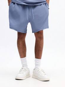 SUMWON Luźny, prążkowany T-shirt z okrągłym dekoltem i pasujące szorty - zestaw na lato, swobodny strój do wypoczynku - Niebieski - Zobacz 4