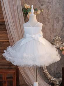 Glamorique Kids Baby Girls' Multilayer Tulle Flower Girl Wedding Dress, 3D White Flower Puffy Princess Soft Cute Party Dress - White - View 2
