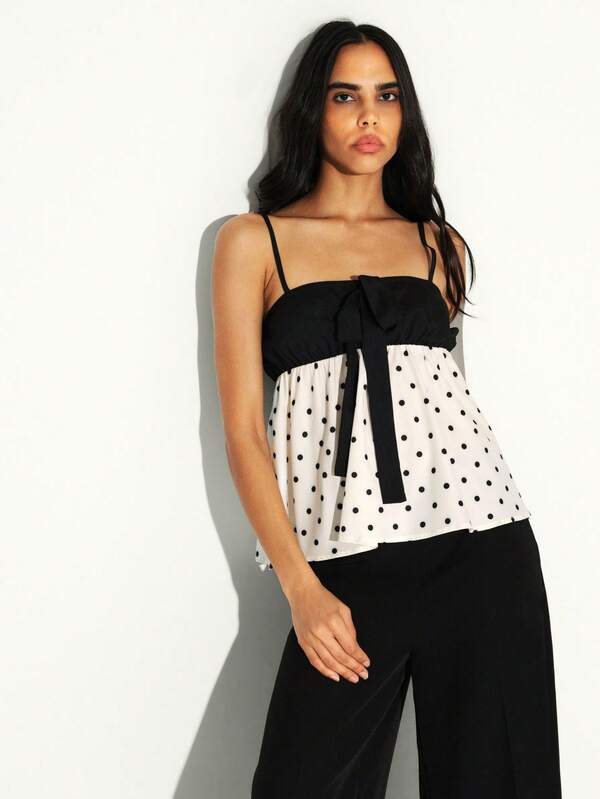 KSTM Polka Dot Tank Top With Tie Front Detail Bustier Camisole Spaghetti Strap Summer Casual Black White Contrast