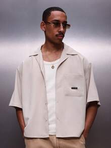 PLAYBOY X SUMWON Men's Textured Button Down Short Sleeve Shirt Classic Collar Chest Pocket Regular Fit Casual Spring Summer - Khaki - View 1