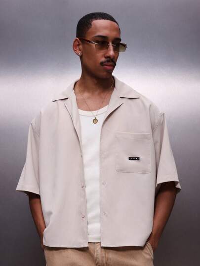 PLAYBOY X SUMWON Men's Textured Button Down Short Sleeve Shirt Classic Collar Chest Pocket Regular Fit Casual Spring Summer