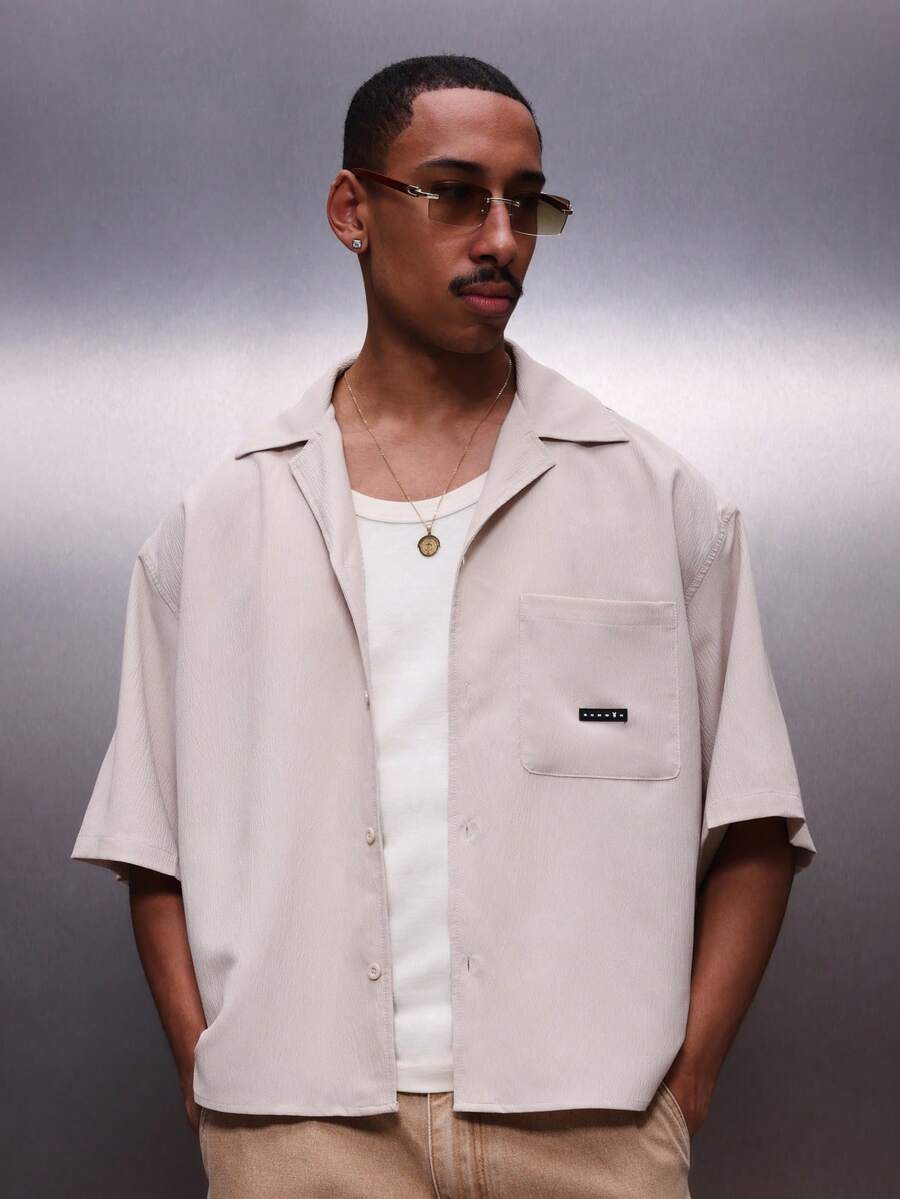 PLAYBOY X SUMWON Men's Textured Button Down Short Sleeve Shirt Classic Collar Chest Pocket Regular Fit Casual Spring Summer - Khaki - View 1