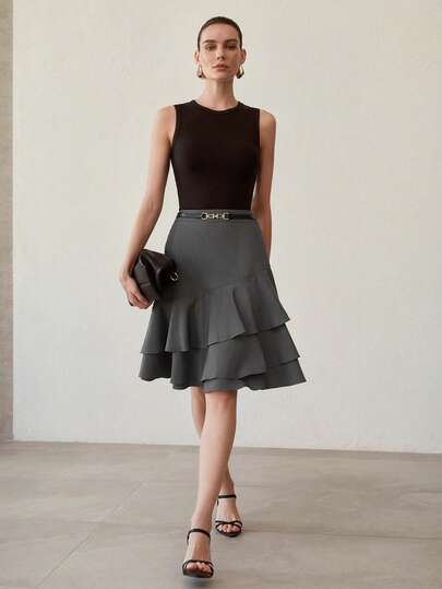 MOTF PREMIUM ASYMMETRICAL RUFFLE HEM GRAY SKIRT