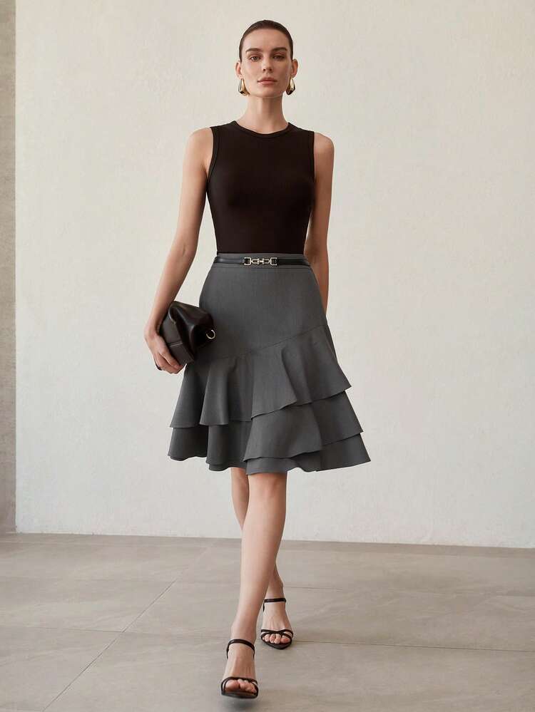 ASYMMETRICAL RUFFLE HEM GRAY SKIRT