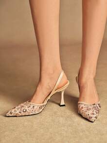 Rosivie Women's Shoes Fashion Pointed Sequins Back Strap Stiletto Sandals Women's Elegant Romantic Temperament Versatile High Heels - Apricot - View 3