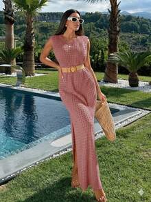 EURMUSE Women Knit Cover Up Dress With Openwork - Dusty Pink - View 5