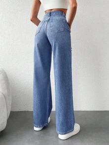 RueChic Jean De Pierna Recta De Cintura Alta Con Agujeros Desgastados - Celeste - Ver 2