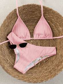 Swim Vcay 2026 Spring/Summer Women's Spaghetti Strap Halter Neck Black Base White Polka Dot Random Print Sweet Cute Side High Cut Bikini Swimwear 2-Piece Set Vacation Bikini Set Pink Bikini Set High Leg Bikini Set Modest Bikini Set Bikini Set - Pink - View 3