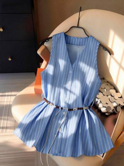 GlowEve Women's Sleeveless Blue & White Striped Open Front Beaded Belt Casual Non-Stretch Woven Elegant Digital Print Tank Top, Summer