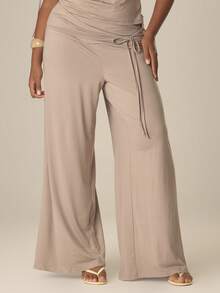 MUSERA Plus Size Tie Panel Detail Wide Leg Trousers Spring Summer Cute Cosy Cottage Core Spring Dew Casual - Grey - View 2
