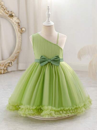 Glamorique Kids Young Girl Spring/Summer New Wave Splice Mesh Waist Belt Bow Design Elegant Party Off-Shoulder Dress